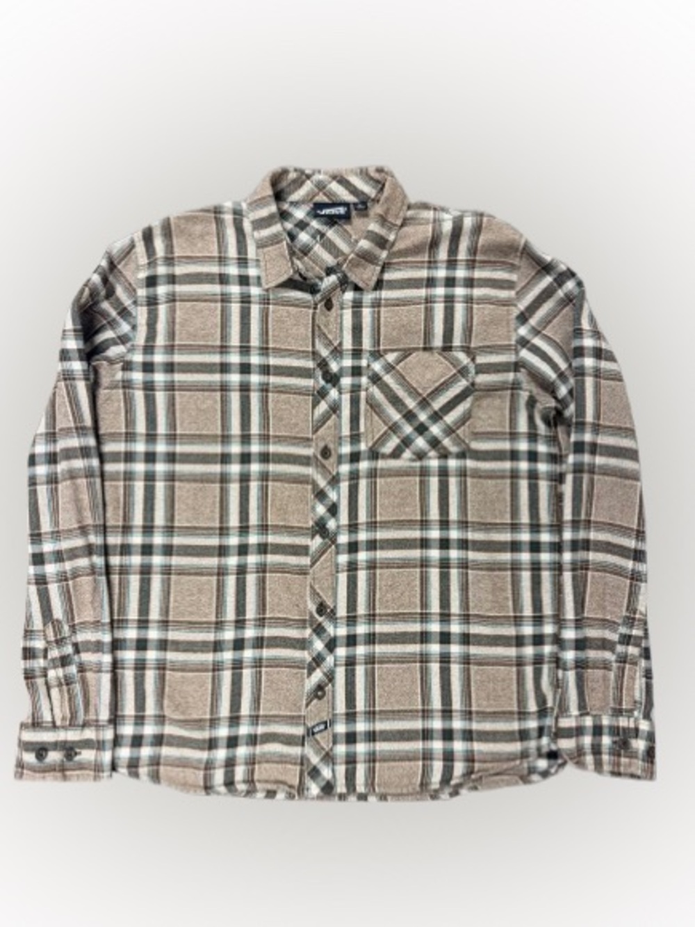 Vans Plaid Flannel Button Front Shirt Men’s Large Brown Tan Blue Cotton